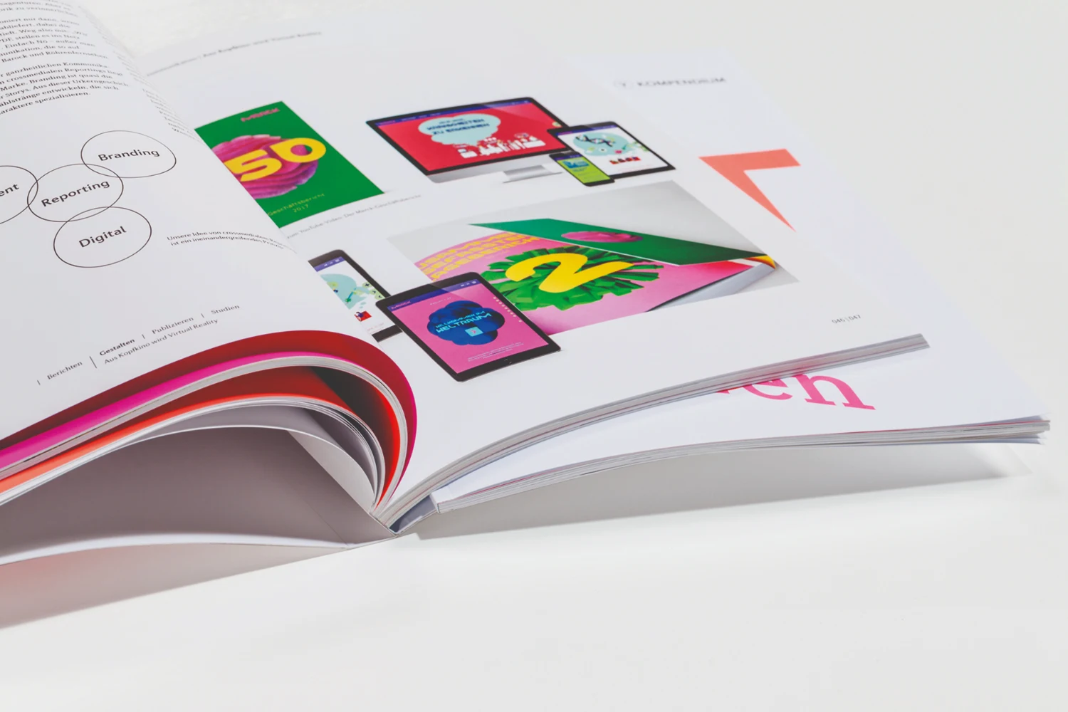 Aufgeschlagene Publikation Graphic Languages mit farbigen Branding-Beispielen und sichtbarer Bindung