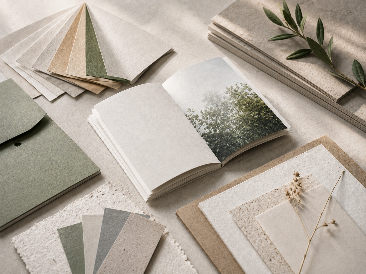Papiermuster, Naturpapiere und eine aufgeschlagene Broschüre für die Materialauswahl